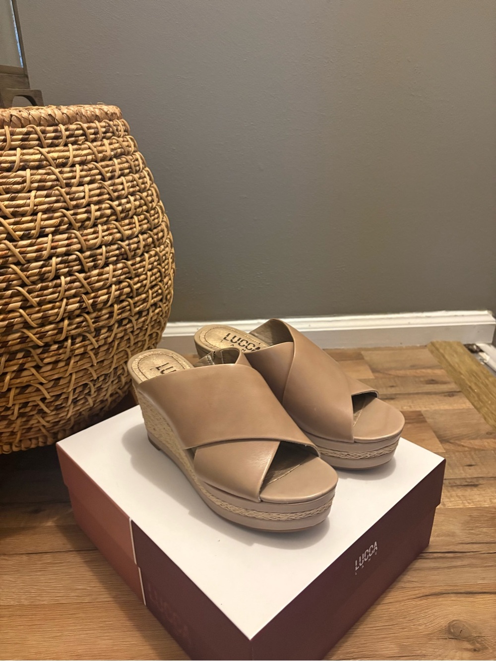LUCCA Debbi Taupe Cross-Band Espadrille Platform Sandals